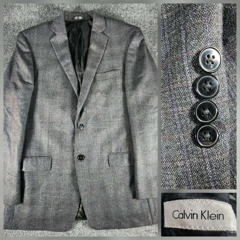 Calvin Klein Mens Charcoal Gray Glen Plaid 100% Wool Suit Jacket Blazer Size 40R